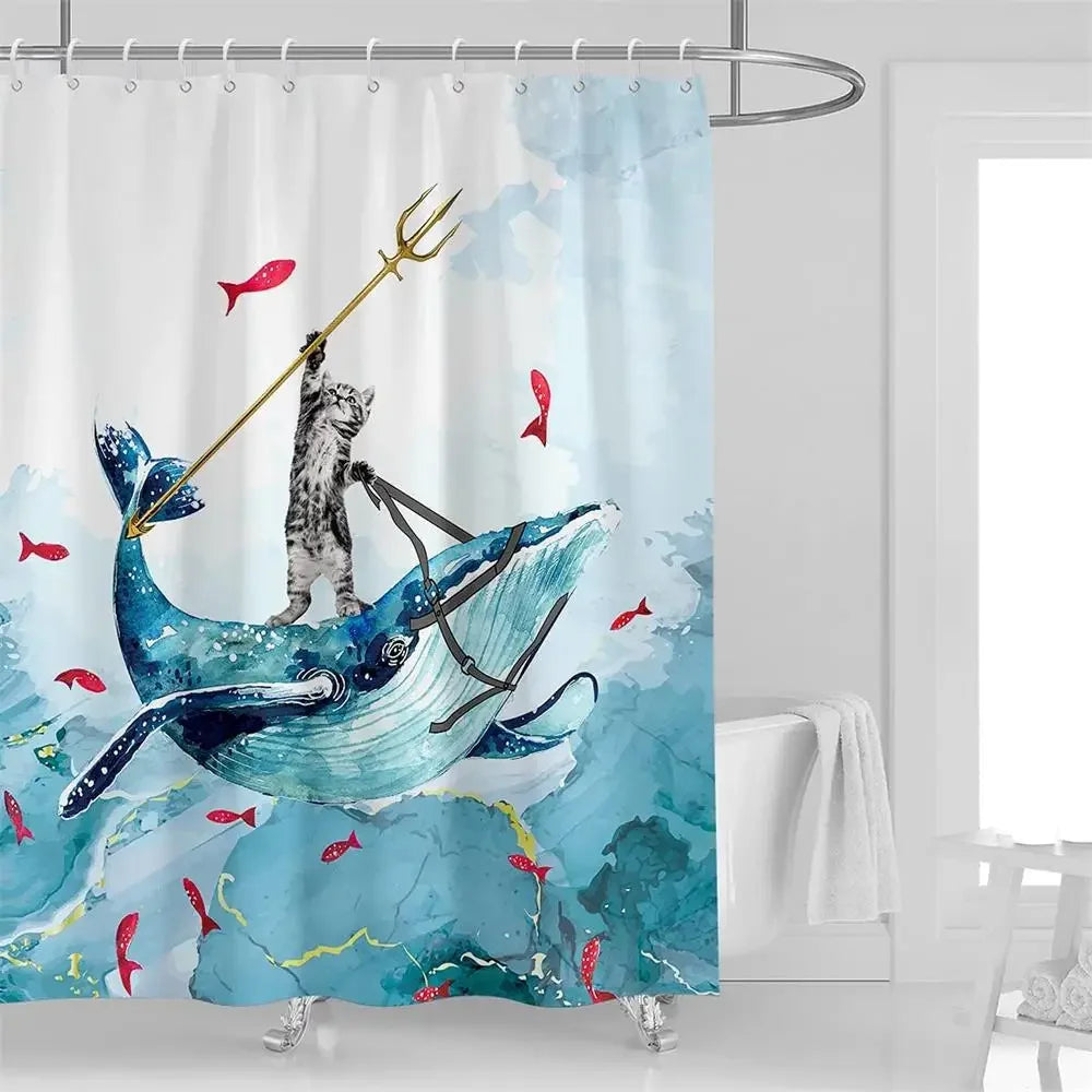 Funny Cat Riding Dinosaur Shower Curtains Cute Animal Sea Waves Surfboard Creative Kids Bath Curtain Set Fabric Bathroom Decor