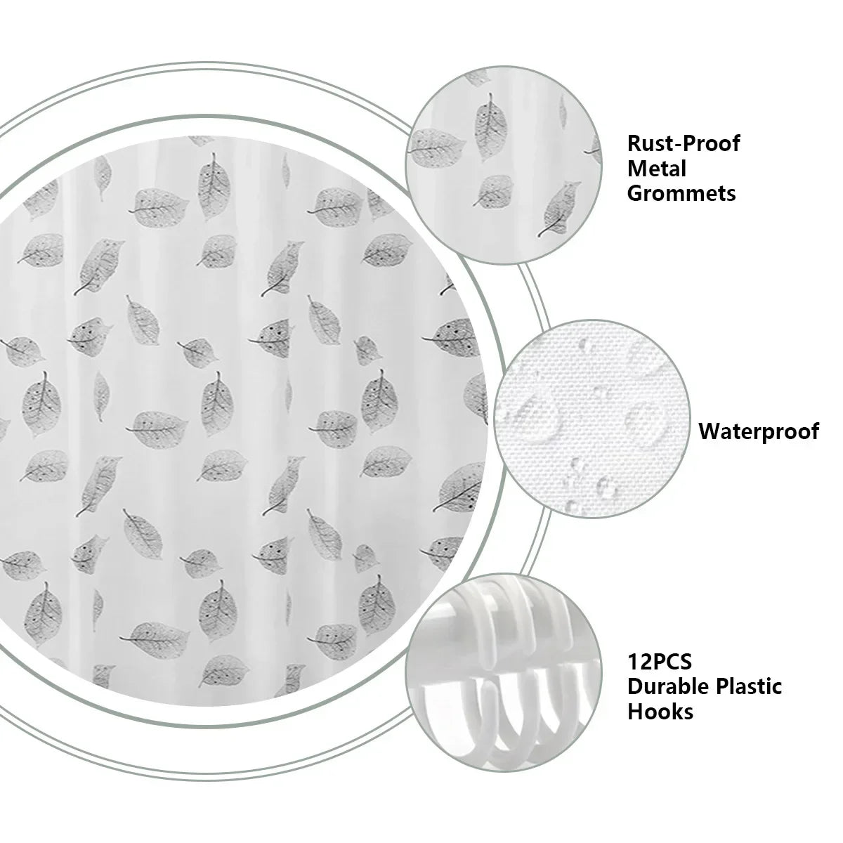 1pc Leaf Pattern Plastic Shower Curtain, Lightweight Bath Curtain Liner with Plastic Hooks, Transparent Curtain, Bathroom Decor