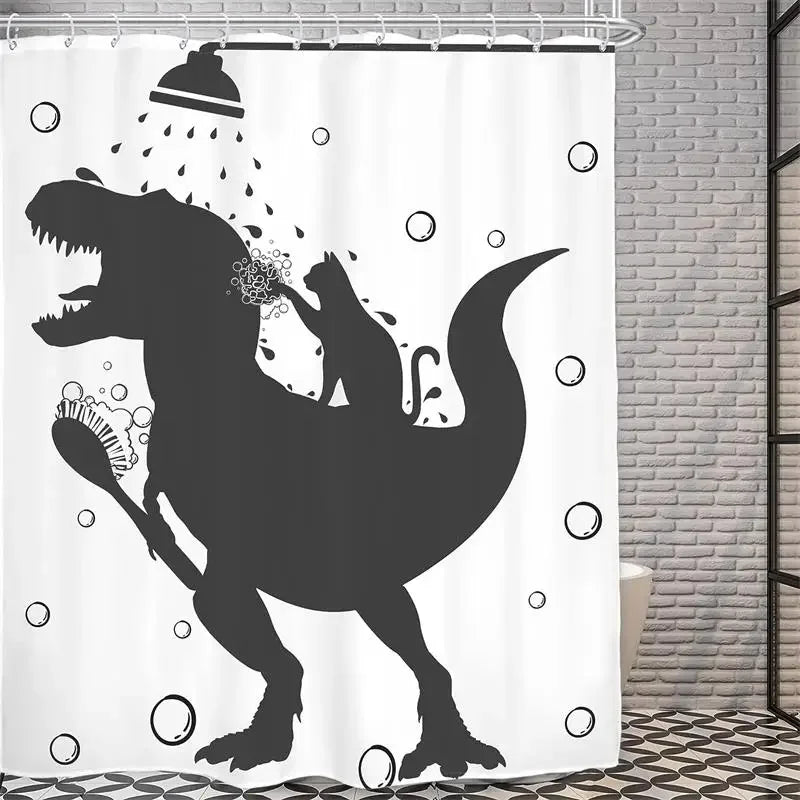 Funny Cat Riding Dinosaur Shower Curtains Cute Animal Sea Waves Surfboard Creative Kids Bath Curtain Set Fabric Bathroom Decor