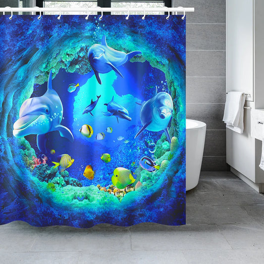 Dolphin Shower Curtain Blue Underwater World Marine Life Polyester Fabric Kids Ocean Theme Bathroom Decor Set with 12 Hooks