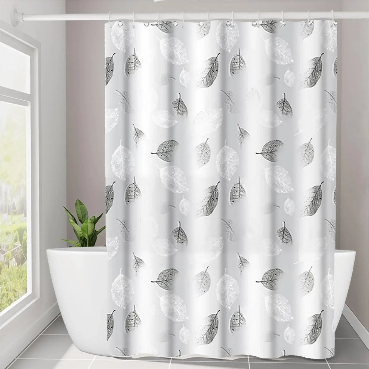 1pc Leaf Pattern Plastic Shower Curtain, Lightweight Bath Curtain Liner with Plastic Hooks, Transparent Curtain, Bathroom Decor