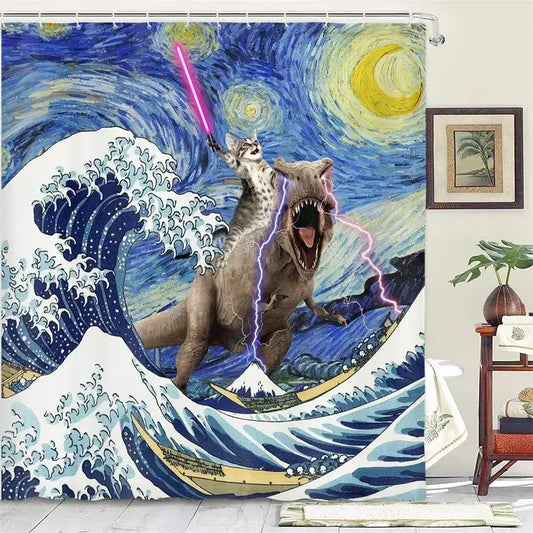 Funny Cat Riding Dinosaur Shower Curtains Cute Animal Sea Waves Surfboard Creative Kids Bath Curtain Set Fabric Bathroom Decor