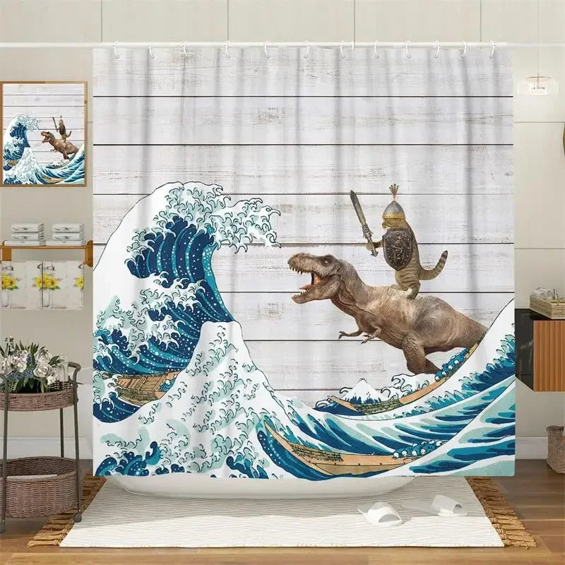 Funny Cat Riding Dinosaur Shower Curtains Cute Animal Sea Waves Surfboard Creative Kids Bath Curtain Set Fabric Bathroom Decor