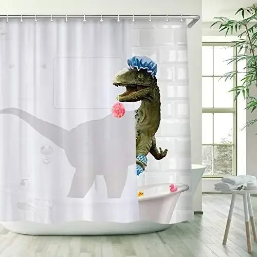 Funny Cat Riding Dinosaur Shower Curtains Cute Animal Sea Waves Surfboard Creative Kids Bath Curtain Set Fabric Bathroom Decor